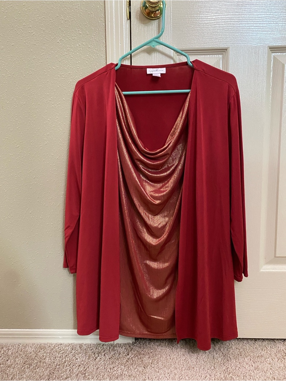 Elegant Red Draped Cowl Open-Front Top by Jacqueline Smith Collection